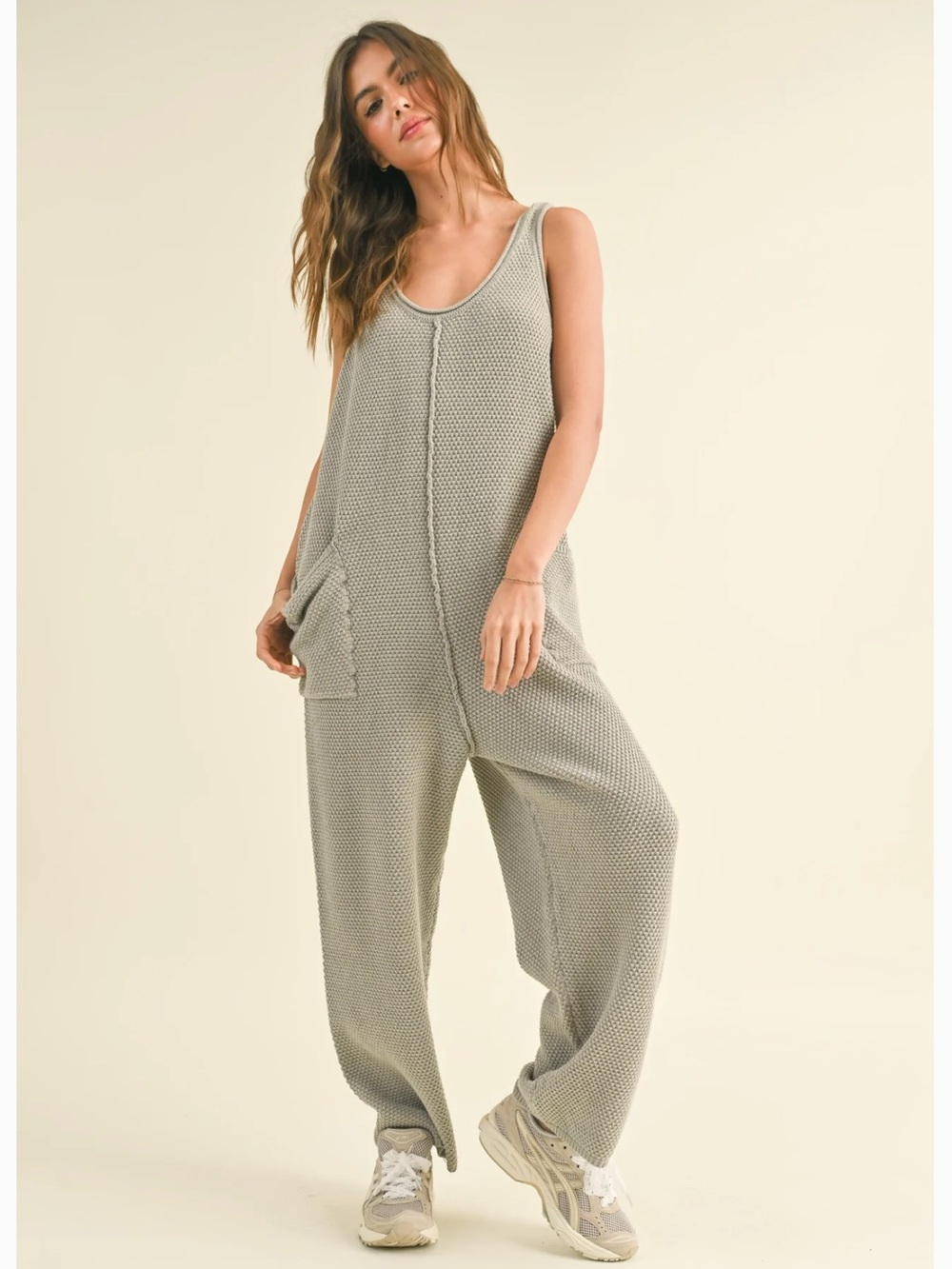 Free People Beach Hailee Knitted Jumpsuit stone green gray